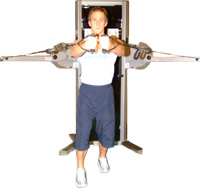 smoothly bring your arms together at chest height - arm slightly bent