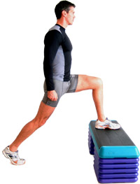 place one foot firmly on the step box