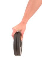 close up view holding two weights