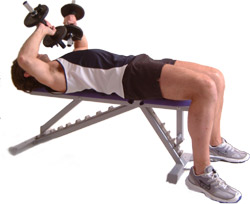 smoothly lower the weights to your chest - palms facing away